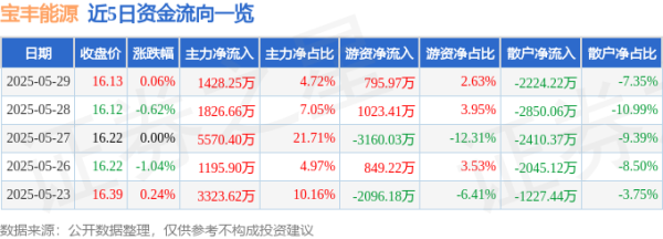 万光证券 股票行情快报：宝丰能源（600989）5月29日主力资金净买入1428.25万元